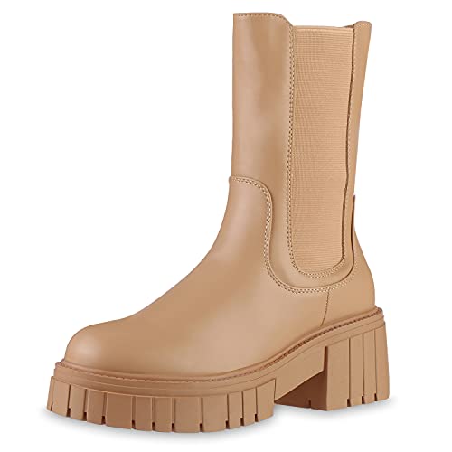 VAN HILL Damen Leicht Gefütterte Plateaustiefel Blockabsatz Stiefel Plateau Vorne Freizeit Schuhe Profilsohle Boots 201510 Tan 40 von VAN HILL