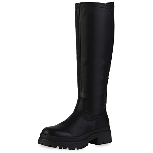 VAN HILL Damen Leicht Gefütterte Plateaustiefel Profilsohle Stiefel Plateau Vorne Schuhe Blockabsatz Freizeit Boots 208730 Schwarz 37 von VAN HILL
