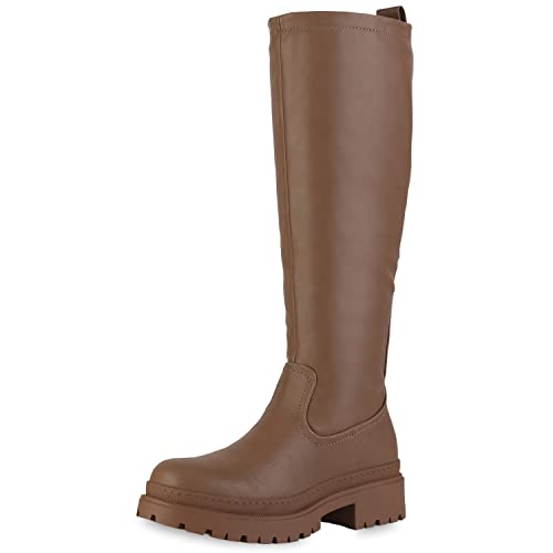 VAN HILL Damen Leicht Gefütterte Plateaustiefel Profilsohle Stiefel Plateau Vorne Schuhe Blockabsatz Freizeit Boots 208732 Khaki 38 von VAN HILL