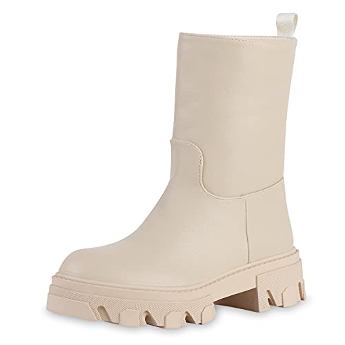 VAN HILL Damen Leicht Gefütterte Plateaustiefel Stiefel Blockabsatz Schuhe Plateau Vorne Profilsohle Boots Plateauschuhe 201483 Beige 36 von VAN HILL