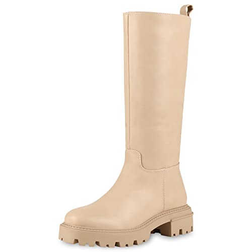 VAN HILL Damen Leicht Gefütterte Plateaustiefel Stiefel Blockabsatz Schuhe Profilsohle Plateauschuhe Plateau Vorne Boots 202203 Beige Weiss 39 von VAN HILL