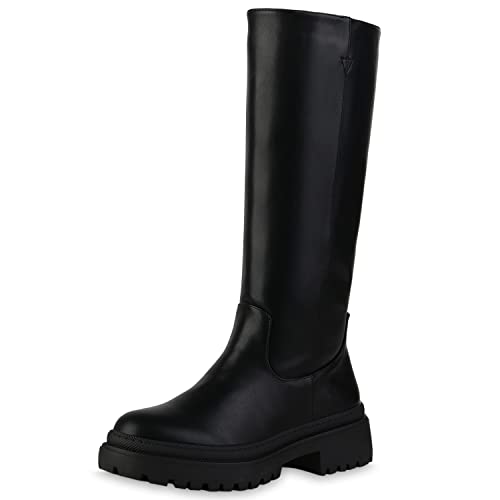 VAN HILL Damen Leicht Gefütterte Plateaustiefel Stiefel Blockabsatz Schuhe Profilsohle Plateauschuhe Freizeit Plateau Vorne Boots 208849 Schwarz 40 von VAN HILL