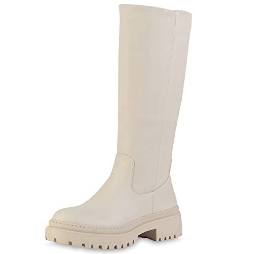 VAN HILL Damen Leicht Gefütterte Plateaustiefel Stiefel Blockabsatz Schuhe Profilsohle Plateauschuhe Freizeit Plateau Vorne Boots 208850 Beige 39 von VAN HILL