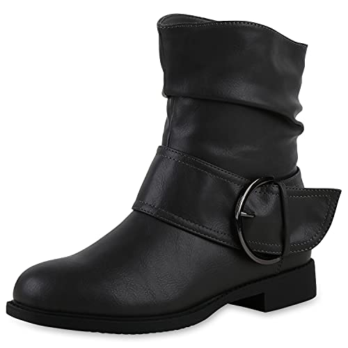 VAN HILL Damen Leicht Gefütterte Schlupfstiefeletten Klassische Stiefeletten Schnallen Schuhe Blockabsatz Stiefel Freizeitschuhe 200871 Dunkelgrau 38 von VAN HILL