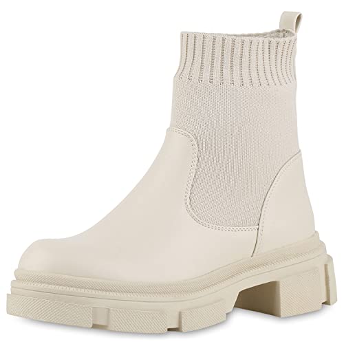 VAN HILL Damen Leicht Gefütterte Schlupfstiefeletten Stiefeletten Blockabsatz Strick Profilsohle Schuhe Plateau Vorne Stiefel 210516 Beige 40 von VAN HILL