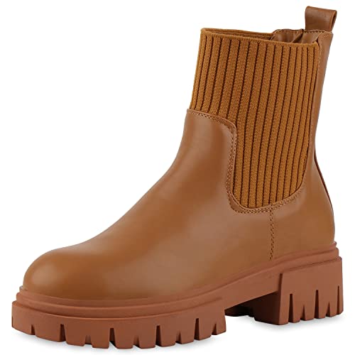 VAN HILL Damen Leicht Gefütterte Schlupfstiefeletten Stiefeletten Blockabsatz Strick Schuhe Plateau Vorne Profilsohle Booties 209749 Hellbraun 38 von VAN HILL
