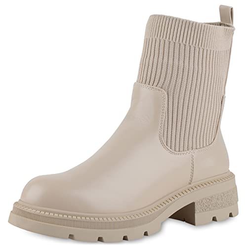 VAN HILL Damen Leicht Gefütterte Schlupfstiefeletten Stiefeletten Booties Blockabsatz Profilsohle Schuhe Strick Stiefel 208881 Beige 39 von VAN HILL