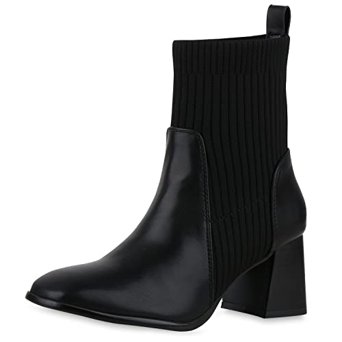 VAN HILL Damen Leicht Gefütterte Schlupfstiefeletten Stiefeletten Boots Strick Schuhe Holzoptikabsatz Stiefel Blockabsatz Booties 209754 Schwarz 37 von VAN HILL