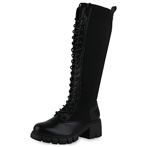 VAN HILL Damen Leicht Gefütterte Schnürstiefel Stiefel Blockabsatz Schuhe Strick Schnürer Profilsohle Boots Schnürschuhe 208882 Schwarz 36 von VAN HILL