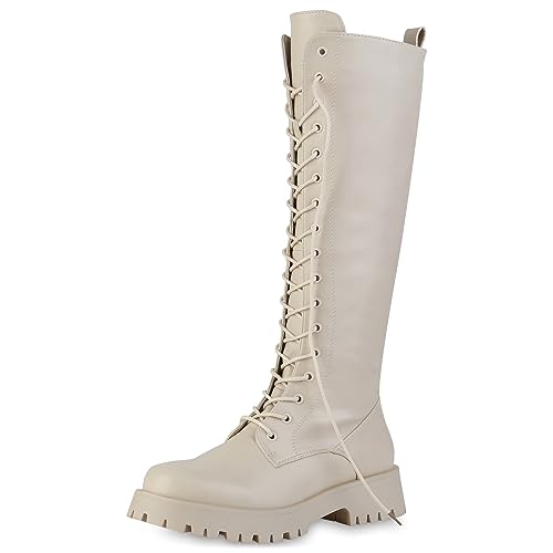 VAN HILL Damen Leicht Gefütterte Schnürstiefel Stiefel Profilsohle Schuhe Blockabsatz Schnürer Plateau Vorne Boots 202388 Beige 38 von VAN HILL