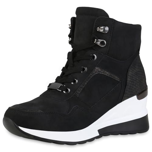 VAN HILL Damen Leicht Gefütterte Sneaker Wedges Bequeme Profilsohle Schuhe Keilabsatz Schnürer Prints Keilsneaker 201720 Schwarz Snake 41 von VAN HILL
