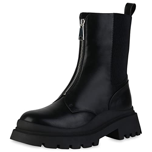 VAN HILL Damen Leicht Gefütterte Stiefeletten Plateau Boots Profil-Sohle Blockabsatz Schuhe 201901 Schwarz 39 von VAN HILL