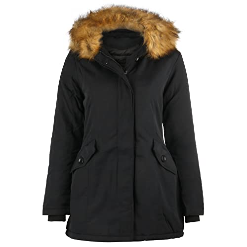 VAN HILL Damen Leicht Gefütterte Winterjacke Kapuze Seitentaschen Damenjacke Kunstfell Langarm Innentaschen Freizeit Jacke 202482 Schwarz Basic 36 von VAN HILL
