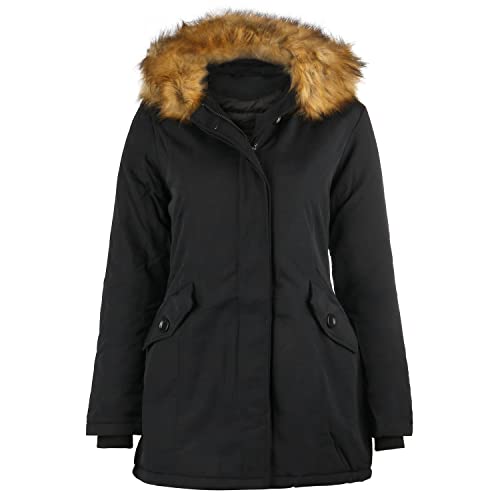 VAN HILL Damen Leicht Gefütterte Winterjacke Kapuze Seitentaschen Damenjacke Kunstfell Langarm Innentaschen Freizeit Jacke 202482 Schwarz Basic 38 von VAN HILL