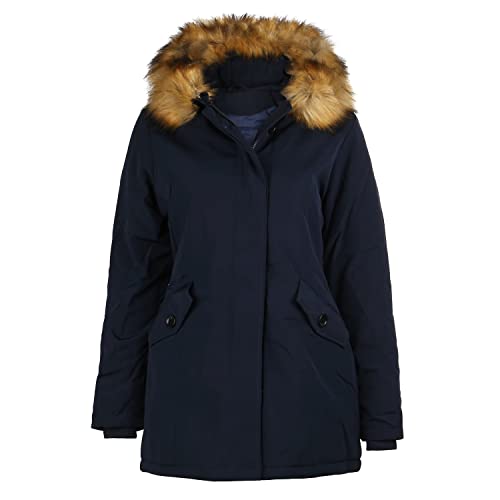 VAN HILL Damen Leicht Gefütterte Winterjacke Kapuze Seitentaschen Damenjacke Kunstfell Langarm Innentaschen Freizeit Jacke 202484 Dunkelblau 38 von VAN HILL
