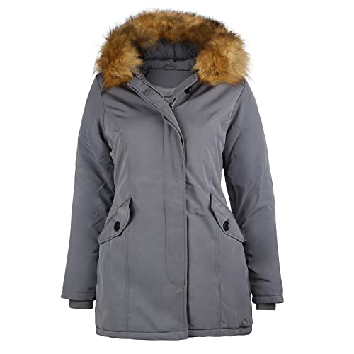 VAN HILL Damen Leicht Gefütterte Winterjacke Kapuze Seitentaschen Damenjacke Kunstfell Langarm Innentaschen Freizeit Jacke 202485 Grau Basic 42 von VAN HILL