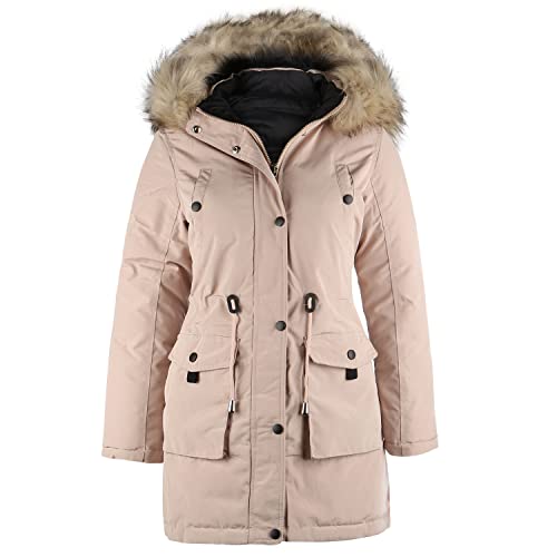 VAN HILL Damen Leicht Gefütterte Winterjacken Seitentaschen Kapuze Damenjacke Taillierte Innentaschen Jacke 203206 Creme 38 von VAN HILL