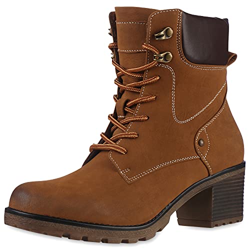 VAN HILL Damen Leicht Gefütterte Worker Boots Stiefeletten Profilsohle Booties Blockabsatz Schuhe Gesteppte Freizeit Schnürer 201659 Hellbraun 37 von VAN HILL