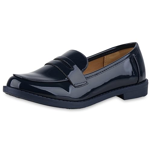 VAN HILL Damen Loafers Blockabsatz Basic Trendy Schuhe 213472 Dunkelblau Lack 38 von VAN HILL