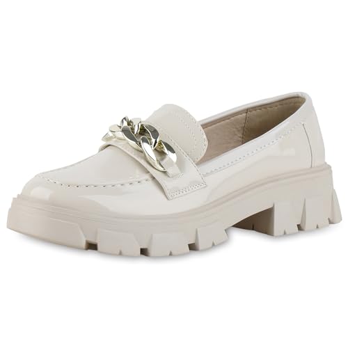 VAN HILL Damen Loafers Blockabsatz Ketten Trendy Schuhe 213895 Beige Lack 36 von VAN HILL