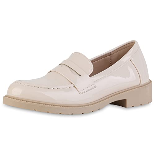 VAN HILL Damen Loafers Blockabsatz Lack Trendy Schuhe 212679 Nude Lack 39 von VAN HILL