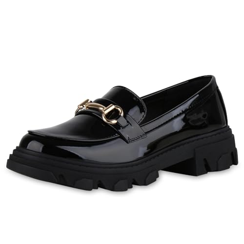 VAN HILL Damen Loafers Blockabsatz Profilsohle Trendy Schuhe 215706 Schwarz Lack 39 von VAN HILL