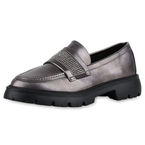 VAN HILL Damen Loafers Blockabsatz Strass Trendy Schuhe 216335 Grau Metallic 37 von VAN HILL