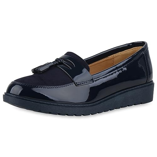 VAN HILL Damen Loafers Flach Lack Trendy Schuhe 213445 Dunkelblau Lack 36 von VAN HILL