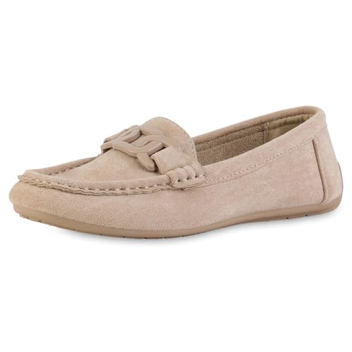 VAN HILL Damen Mokassins Flach Profilsohle Bequem Schuhe 216763 Beige 39 von VAN HILL