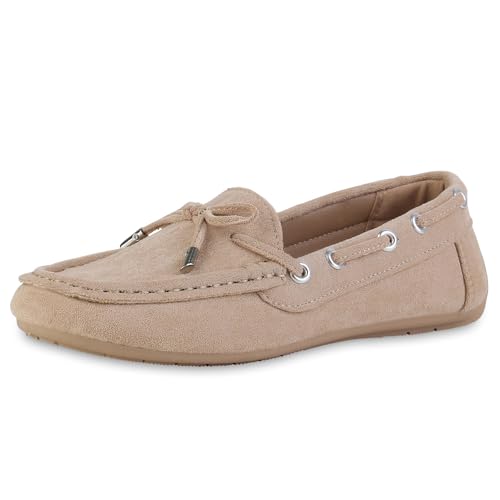 VAN HILL Damen Mokassins Flach Schleifen Bequem Schuhe 214241 Beige 40 von VAN HILL