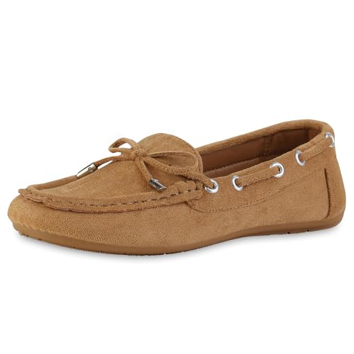 VAN HILL Damen Mokassins Flach Schleifen Bequem Schuhe 214242 Hellbraun 42 von VAN HILL