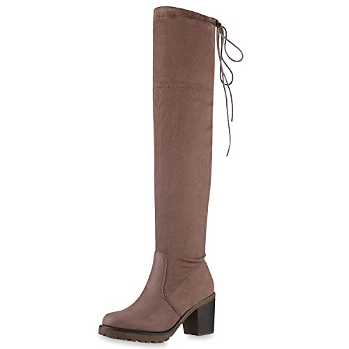 VAN HILL Damen Overknees Leicht Gefütterte Stiefel Wildleder-Optik Boots Blockabsatz Schuhe Langschaftstiefel Profilsohle 201640 Schlamm 40 von VAN HILL