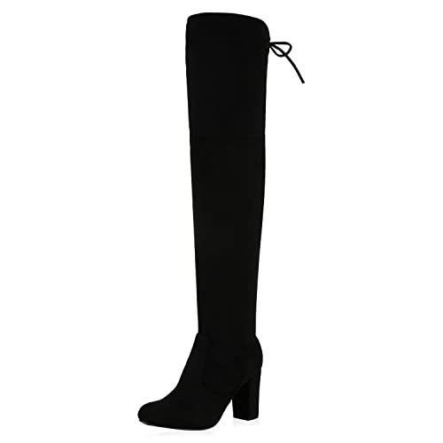 VAN HILL Damen Overknees Stiefel Blockabsatz Schnürer Freizeitschuhe Langschaftstiefel Boots Schnürschuhe Basic Schuhe 610478 Schwarz Nero 38 von VAN HILL