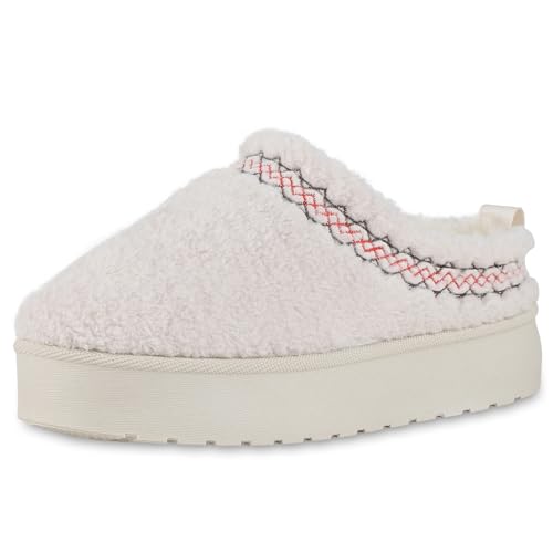 VAN HILL Damen Pantoffeln Keilabsatz Kunstfell Bequem Schuhe 214124 Beige Kunstfell 37 von VAN HILL