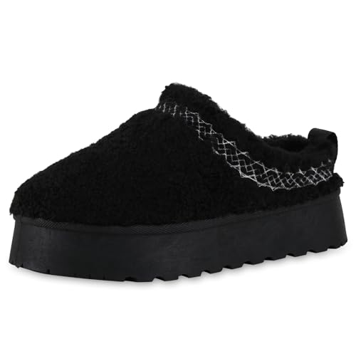 VAN HILL Damen Pantoffeln Keilabsatz Kunstfell Bequem Schuhe 214153 Schwarz 39 von VAN HILL