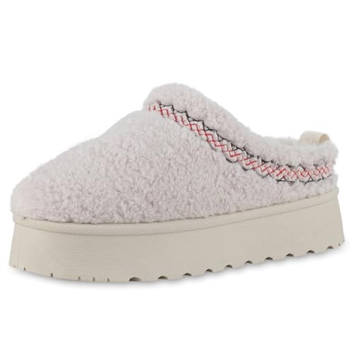 VAN HILL Damen Pantoffeln Keilabsatz Kunstfell Bequem Schuhe 214154 Beige 36 von VAN HILL