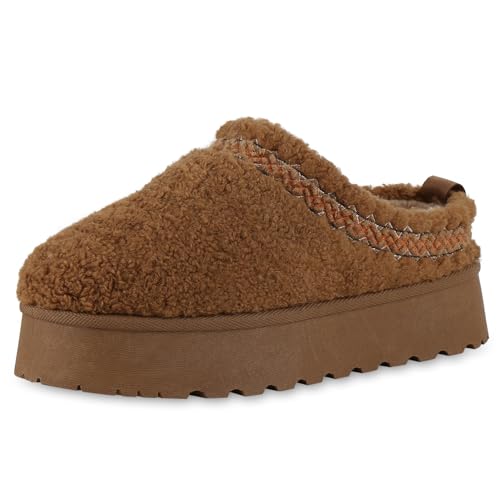 VAN HILL Damen Pantoffeln Keilabsatz Kunstfell Bequem Schuhe 214158 Hellbraun 40 von VAN HILL