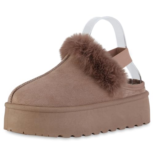 VAN HILL Damen Pantoffeln Plateau Kunstfell Bequem Schuhe 216088 Khaki 39 von VAN HILL