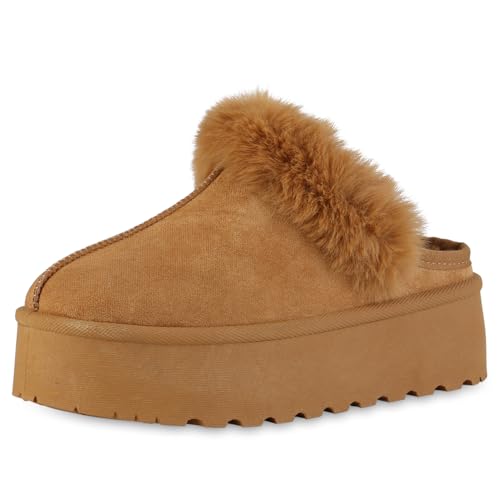 VAN HILL Damen Pantoffeln Plateau Kunstfell Bequem Schuhe 216090 Hellbraun 39 von VAN HILL