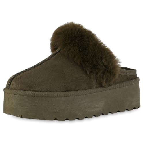 VAN HILL Damen Pantoffeln Plateau Kunstfell Bequem Schuhe 216092 Olivgrün 38 von VAN HILL
