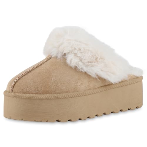 VAN HILL Damen Pantoffeln Plateau Kunstfell Bequem Schuhe 216565 Khaki Robust 40 von VAN HILL
