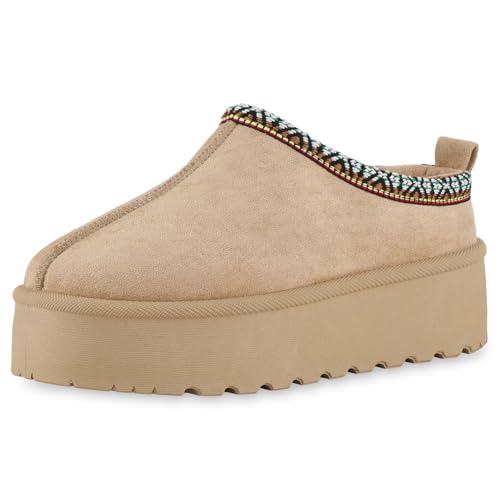 VAN HILL Damen Pantoffeln Plateau Prints Bequem Schuhe 216526 Khaki Prints 38 von VAN HILL