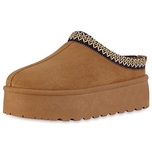 VAN HILL Damen Pantoffeln Plateau Prints Bequem Schuhe 840601 213328 Hellbraun 38 von VAN HILL