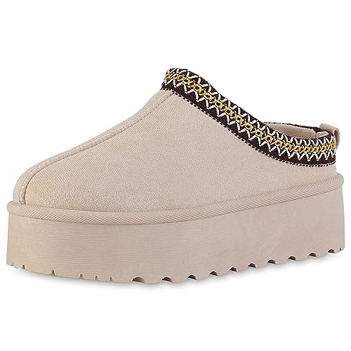 VAN HILL Damen Pantoffeln Plateau Prints Bequem Schuhe 840601 213329 Beige 39 von VAN HILL