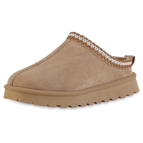 VAN HILL Damen Pantoffeln Plateau Stickereien Bequem Schuhe 217792 Khaki 37 von VAN HILL