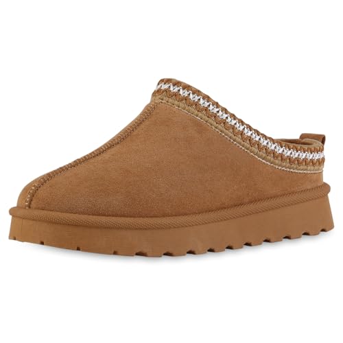 VAN HILL Damen Pantoffeln Plateau Stickereien Bequem Schuhe 217793 Hellbraun 38 von VAN HILL