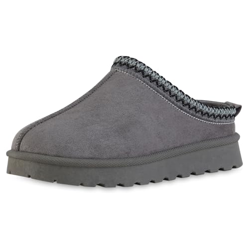 VAN HILL Damen Pantoffeln Plateau Stickereien Bequem Schuhe 217795 Grau 38 von VAN HILL