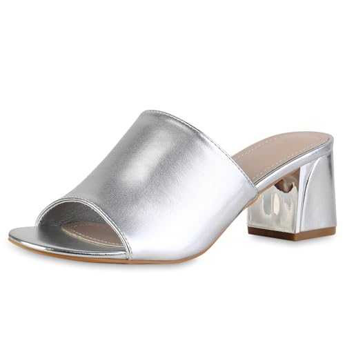 VAN HILL Damen Pantoletten Blockabsatz Basic Klassisch Schuhe 214205 Silber 39 von VAN HILL