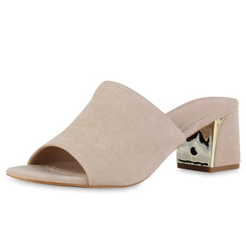 VAN HILL Damen Pantoletten Blockabsatz Basic Klassisch Schuhe 214207 Beige 37 von VAN HILL