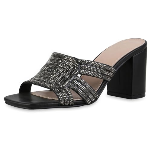 VAN HILL Damen Pantoletten Blockabsatz Strass Klassisch Schuhe 216738 Schwarz 38 von VAN HILL